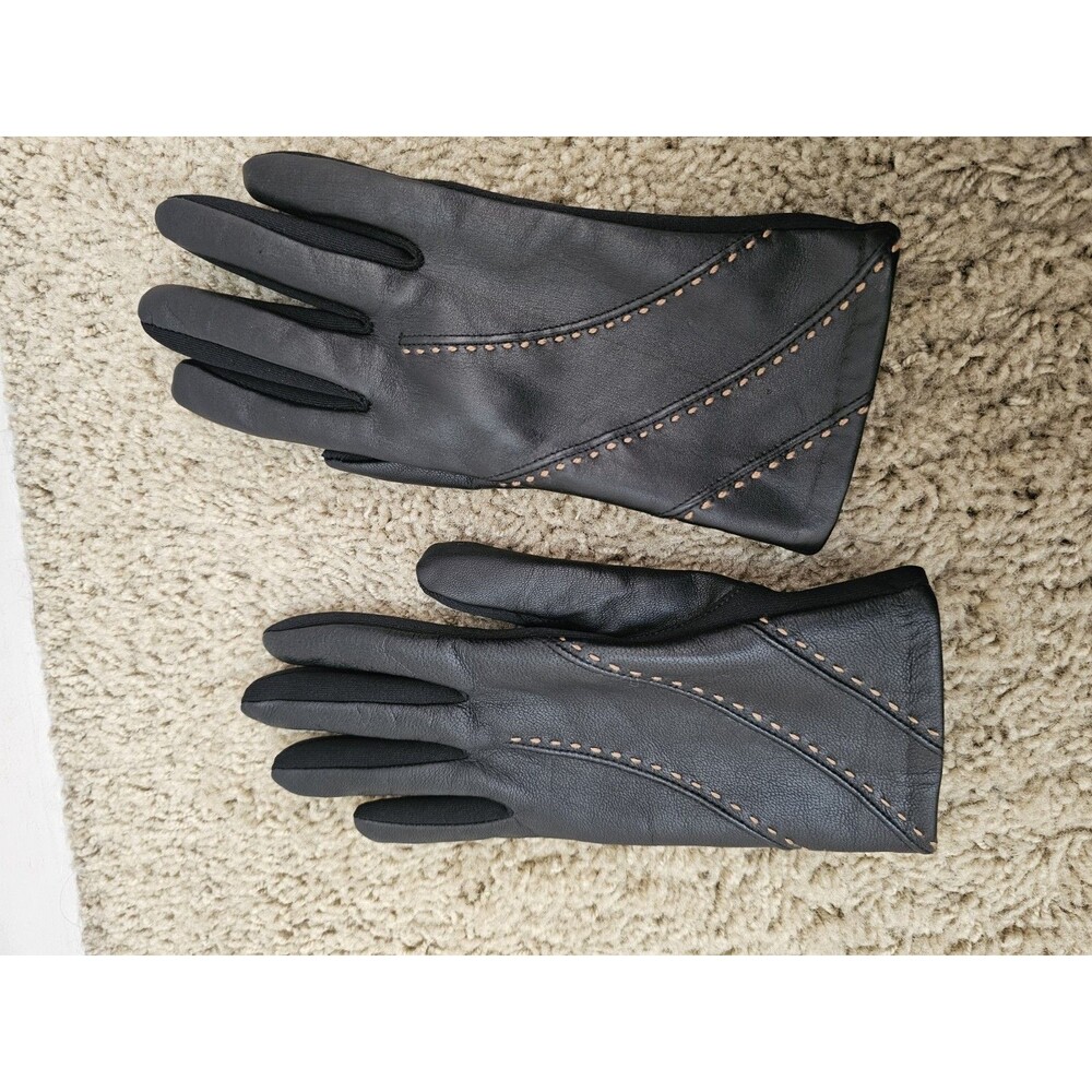 Isotoner Womens One Size Black Genuine Leather Gloves Stretch Contrast Stitch